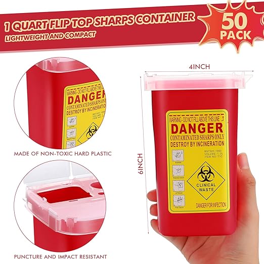 Chumia 50 Pcs Sharps Containers for Home Use, 1 Quart Portable Small Needle Disposal Sharps Container Home Travel, with Locking Lid for Biohazard Syringes, Safe Needle Box Disposal