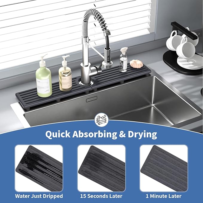 Kitchen Faucet Mat, Diatomite Sink Faucet Mat Splash Guard for Kitchen, Water Absorbing Stone Tray for Sink, Quick Drying Faucet Mat for Kitchen Sink, Absorbent Stone Drying Tray for Bathroom Counter