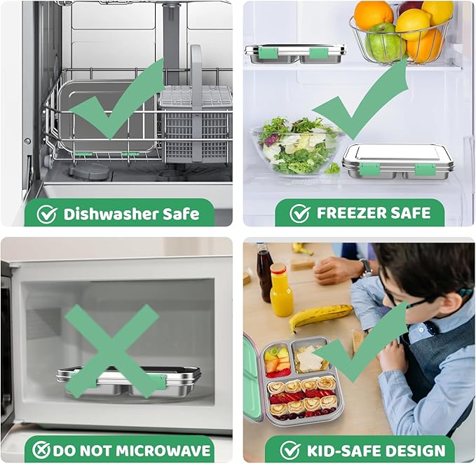 Stainless Steel Bento Box for Kids 1000ml - 3 Compartment Lunch Box for Adults, Leakproof Food Container, BPA-Free Metal Lunch Box with Silicone Seal, Eco-Friendly/Dishwasher Safe (Green)
