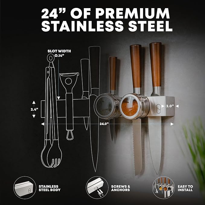 NOVAWARE Double Capacity 24" Magnetic Knife Holder - Stainless Steel, Modern Style - Safe, Patented Design - Holds Over 25 Knives & Utensils - Kitchen Use