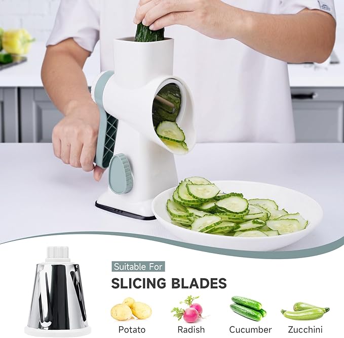 REDPANT Cheese Grater with Handle, Rotary Cheese Grater with 3 Interchangeable Blades, Manual Cheese Shredder with Strong Suction Base, Easy to Use and Clean, White