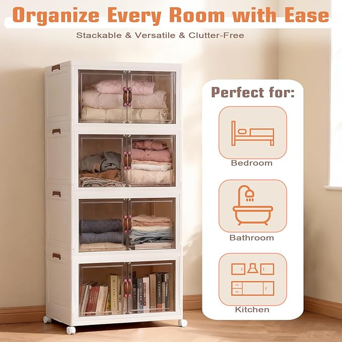 FAHKNS 120Gal/480Qt Stackable Storage Bins, Collapsible Storage Bins with Lid, Extra Large Closet Organizers and Storage with Transparent Door, Suitable for Home Bedroom or Kitchen, White