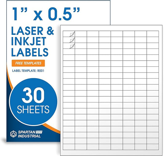 1" X 0.5" Matte White Printable Labels for Inkjet and Laser Printers - 30 Sheets, 4800 Custom Stickers for Address Labels, Price Tags, Barcodes, Inventory - Spartan Industrial Template R001