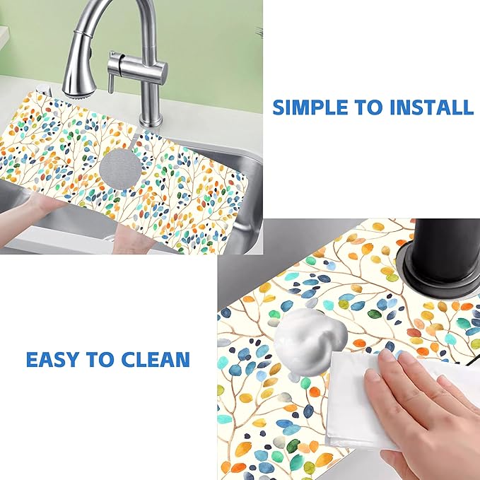 Abstract Watercolor Leaves Sink Faucet Absorbing Mat Sink Splash Guard Faucet Mat Draining Mat Fast Drying Sink Protectors for Kitchen and Bathroom 5.5"×15"