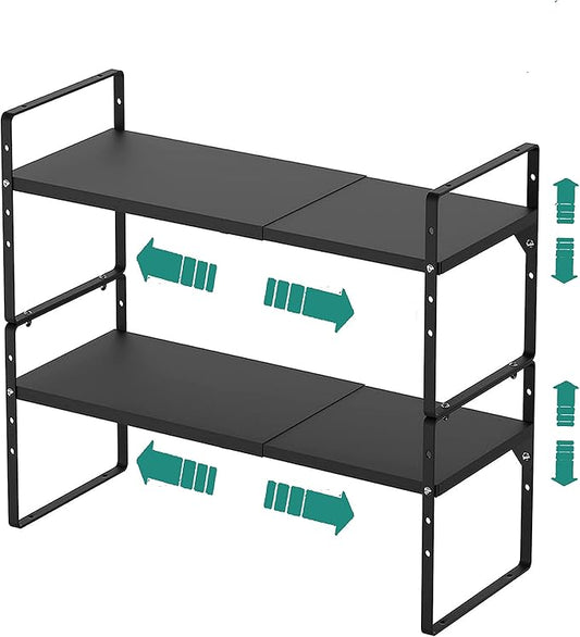 SUZLON Expandable Cabinet Shelf Organizer Rack, Stackable Kitchen Counter Storage Shelves Stand, Adjustable Height Pantry Shelf Spice Rack, Heavy Duty Nonslip Black Large 2Pack