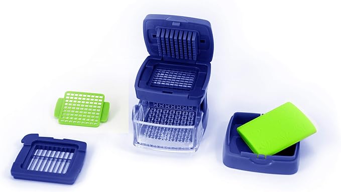 Kitchen Innovations Garlic-A-Peel Garlic Press, Crusher, Cutter, Mincer, and Storage Container - Includes Silicone Garlic Peeler - Easy to Clean - Stainless Steel Blades – (Blue), standard