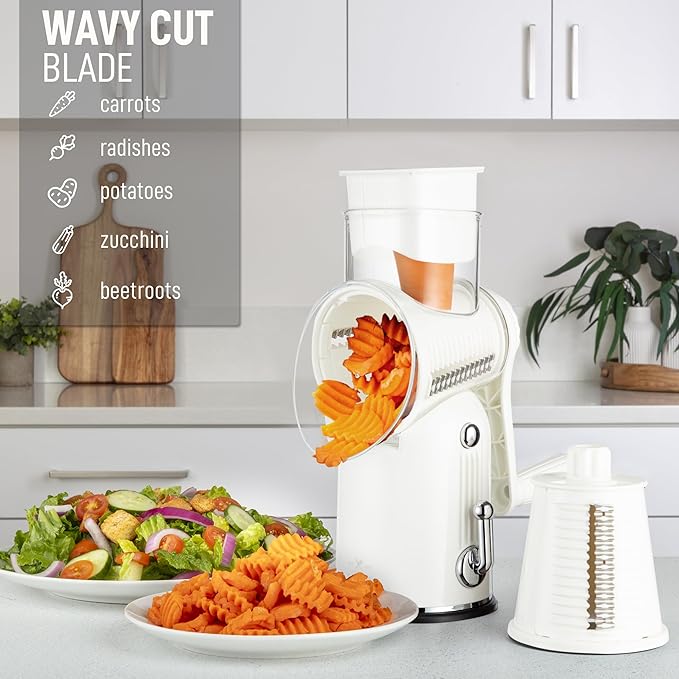 Zulay Kitchen Rotary Cheese Grater 5 Blade Cheese Shredder - Manual Hand Crank Cheese Grater With Reinforced Suction & 5 Interchangeable Drums - Easy to Use, Vegetable Chopper Round Mandoline Slicer