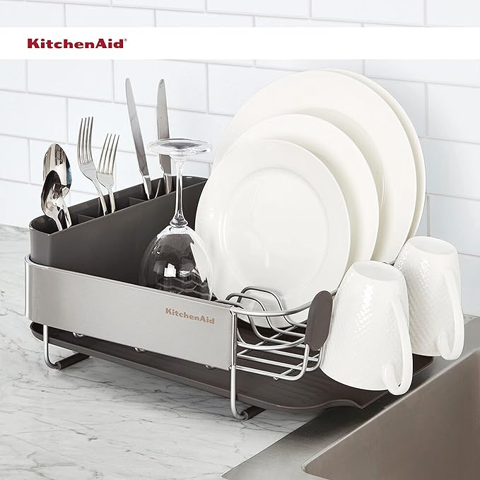 KitchenAid Compact, Space Saving Rust Resistant Dish Rack with Removable Flatware Caddy and Angled Self Draining Drainboard, 16.06-Inch, Black