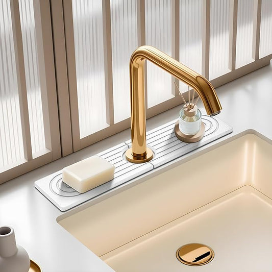 Faucet Mat for Kitchen Sink, Diatomite Quick Drying Tray, Long 23.6'' Kitchen Sink Splash Guard and Bathroom Stone Tray for Counter. Super Absorben. (White-Rectangle, 15.7" x 4")