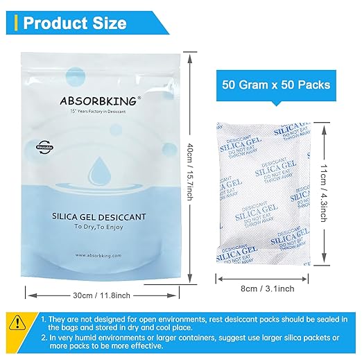 Silica Gel Packets – 50 Gram 50 Packs Moisture Absorbers, Desiccant Packs for Storage, Food Safe Desiccant for Foods, Seeds, 3D Filaments, Electronics, Safes