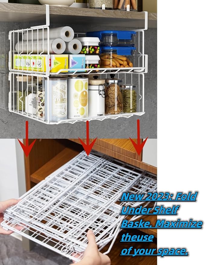 Couwilson Under Shelf Basket Storage 2Pack - 12.6in Metal Under Cabinet Shelf, Hanging Wire Basket Shelves, Undershelf Storage Basket for Kitchen Pantry Bookshelf
