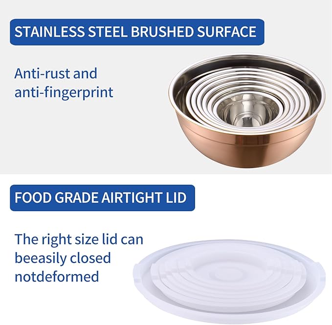 Onlycooker Rose Gold Mixing Bowls With Airtight Lids,Stainless Steel Bowl,Salad Bowls 7 Piece Colorful Nesting Bowl Rose Gold Kitchen Accessories,Size 7,3.6,2.7,2.1,1.5,1.1,0.8QT Stackable Design