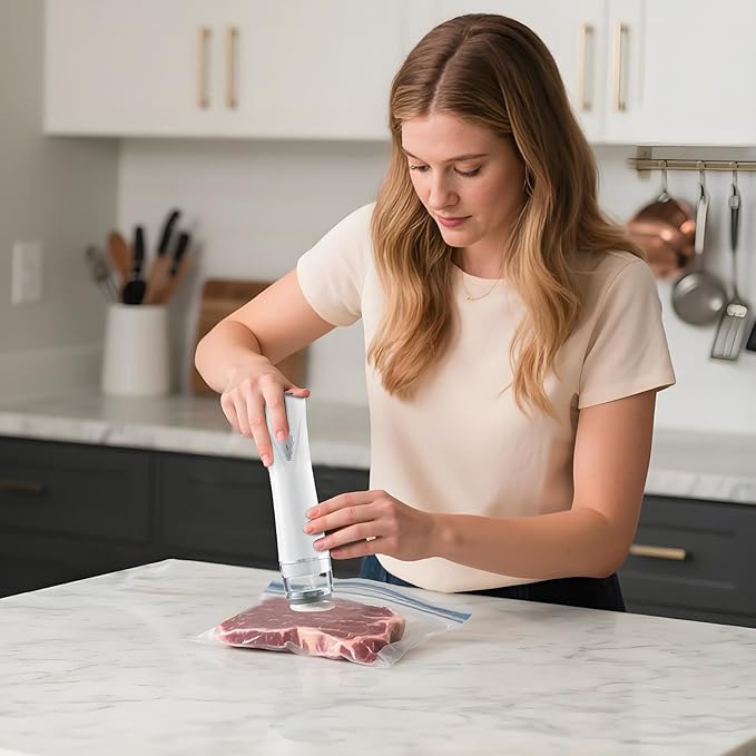 Handheld Vacuum Sealer with Visible Water Tank –Spill-Proof, One-Touch Operation, Vacuum Sealer Machine with 30 Reusable Bags for Kitchen, Camping, or Travel (Snow white)