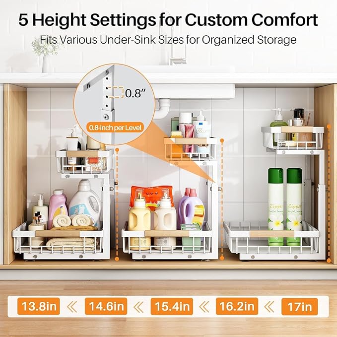 PXRACK(Small Version)1 Pack Under Sink Organizer,Adjustable Height,2 Tier Pull Out Under Cabinet Organizer,Slide Out Thickened Metal Storage Shelf for Kitchen Bathroom Laundry Pantry Cabinet,White