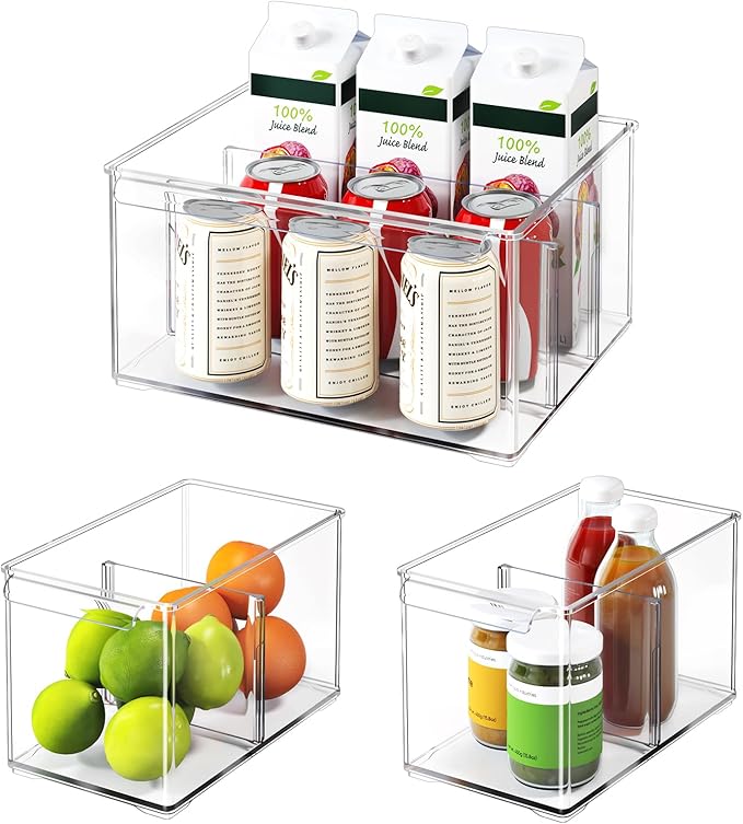 Clear Plastic Storage Bins with Dividers for Kitchen Pantry Organization, 3 Pack Large Thicken Stackable Storage Container Boxes for Refrigerator Cabinets Vanity Organizers and Storage, C6-2