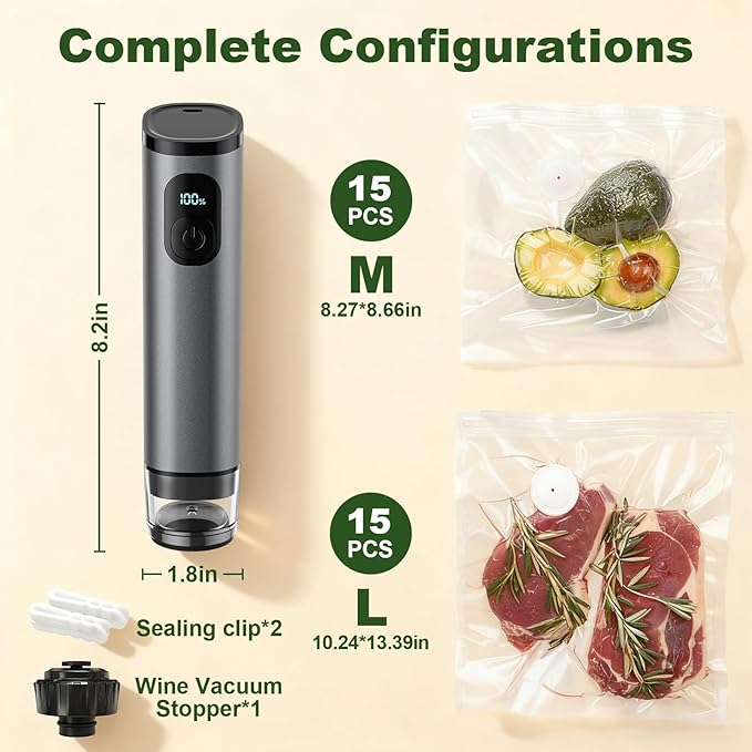 Premium Metal Handheld Vacuum Sealer, Vacuum Sealer for Food with Power Display & Detachable Tank, 60kPa Strong Suction, Includes 30 Reusable Bags & Wine Stopper for Food Preservation- Gray