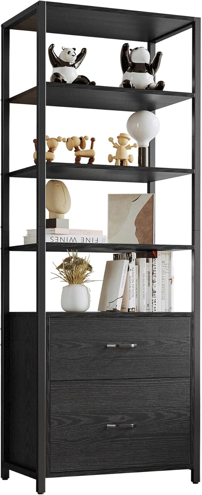 IRONCK Industrial Bookcase with File Cabinet Drawers, 71.6 in Tall Bookshelf 5 Tier, Freestanding Storage Home Office Cabinet Organizer, Rustic Home Decor, Black