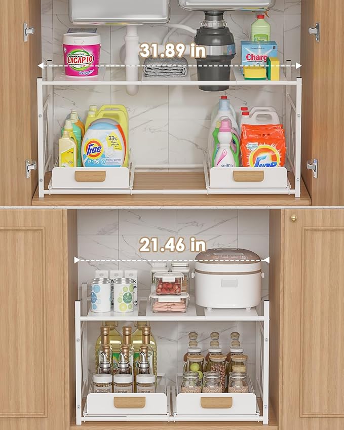 REALINN Extendable Under Sink Organizer, 2 Tier Expandable Under Cabinet Organizer Shelf with Height Adjustable, Retractable Cabinet Storage, White