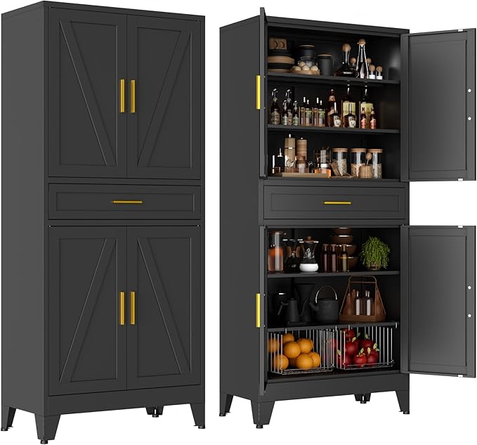 LCAOPC 71" Tall Pantry Storage Cabinet with Drawer and Adjustable Shelves, Freestanding Tall Kitchen Cupboard Storage Cabinet for Kitchen,Dining Room, Living Room, Black