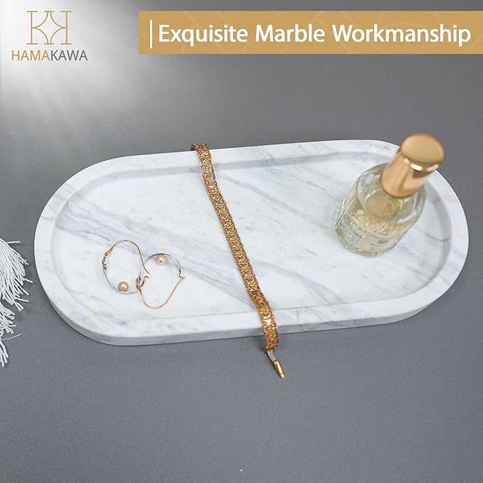 HAMAKAWA Oval Bathroom Vanity Tray, Large Natural Marble Sink Tray 10 inch, Volakas White Stone Soap Trays, Modern Perfume Trays, Countertop Organizer for Kitchen, Coffee Table, Home Decor