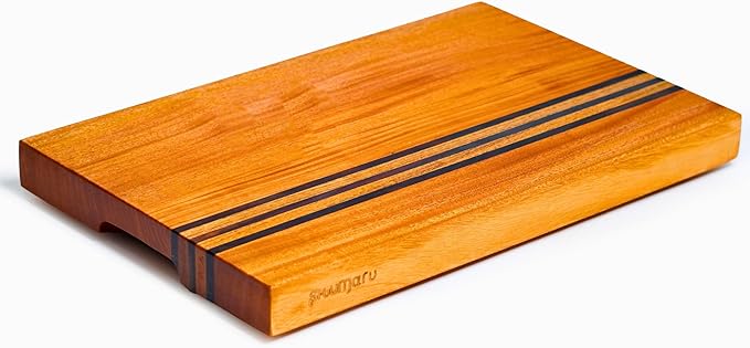 SHUMARU Mahogany Edge-Grain Cutting Board 19×12×1.6″ – Handmade in Bali with Black Sono Wood Inlays, Knife-Friendly, Non-Slip Feet & Ergonomic Handles – Luxury Gift for Chefs & Food Lovers