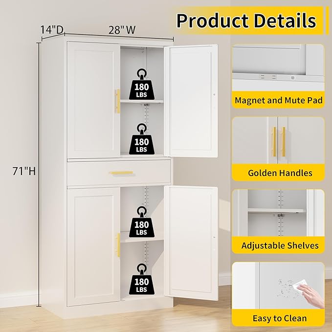 Metal Kitchen Pantry Cabinet, 71"Tall Cabinet with 1 Drawer, Doors and 2 Adjustable Shelves, Pantry Cabinets for Kitchen Storage, Metal Storage Cabinet for Kitchen, Dining Room, Living Room- White