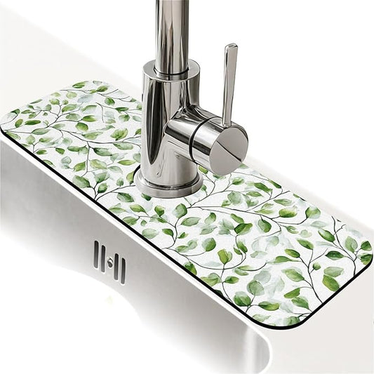 Kitchen Sink Splash Guard，watercolor greenery Faucet Mat Sink Gadgets-Super Absorbent Fast Drying Mat Drip Catcher for Kitchen, Bathroom,Sink Mat, Dish Drying Mat, Bathroom(15" X 5.5" )