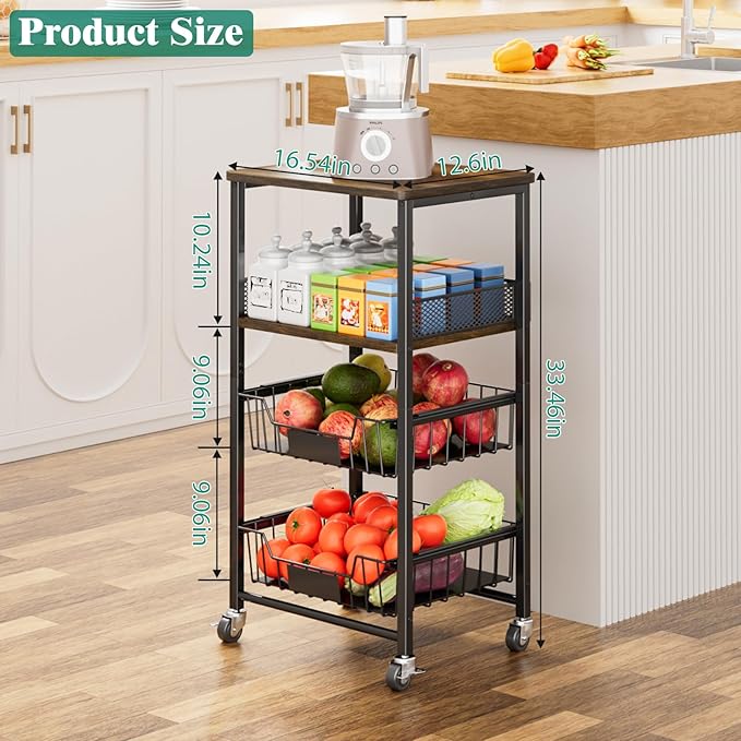Giwil Vegetable Fruit Basket for Kitchen Pantry Organizers Storage, 4-Tier Utility Rolling Cart on Wheels with Wood Rack and Drawer Wire Baskets for Onions Potatoes Snacks, Black