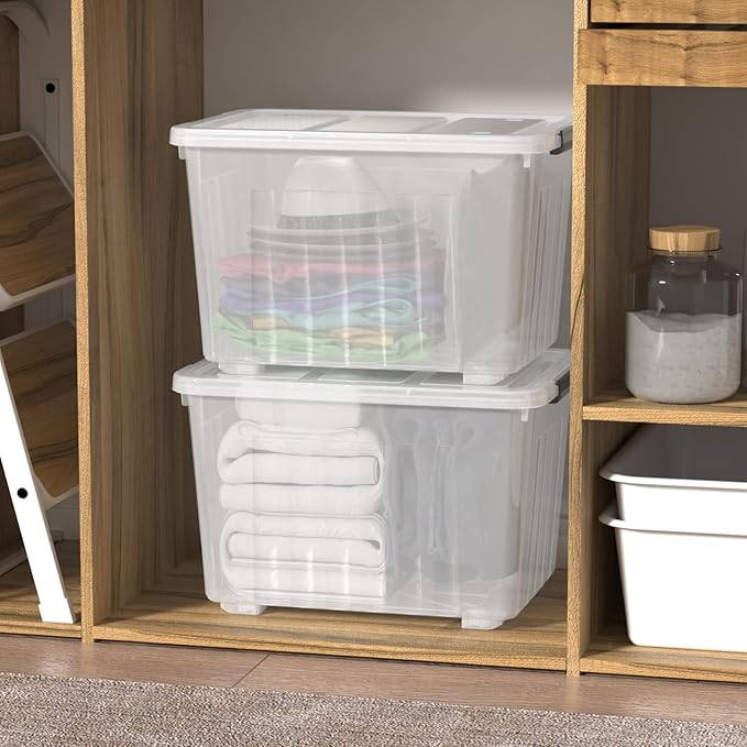 70 Quart 4 Pack Plastic Storage Bins with Latch Lids and Wheels, Clear Large Latching Storage Container