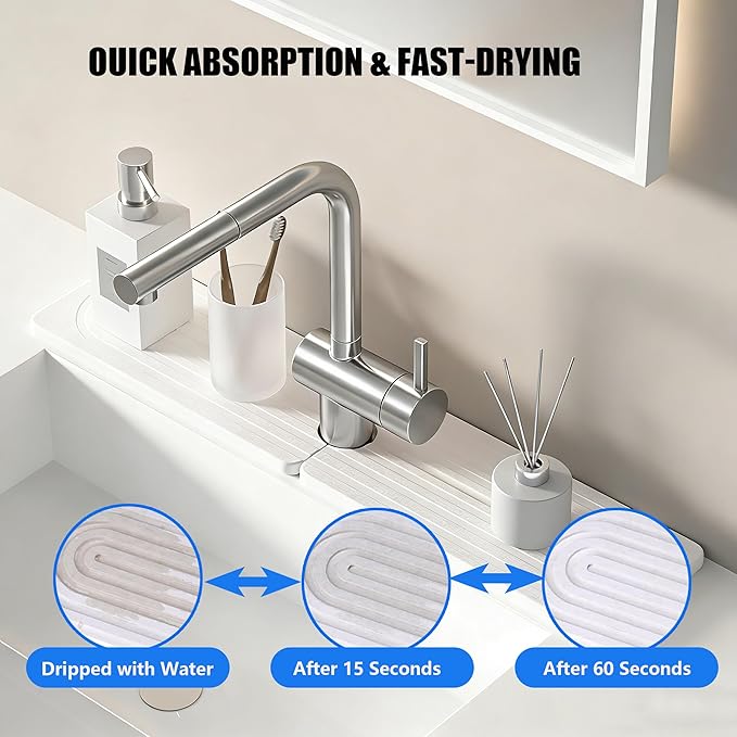 Diatomite Faucet Mat, Fast-Drying Water Absorbing Stone Tray, Kitchen Bathroom Sink Splash Guard for Kitchen Counter Sink Accessories(15.7" x 3.9")