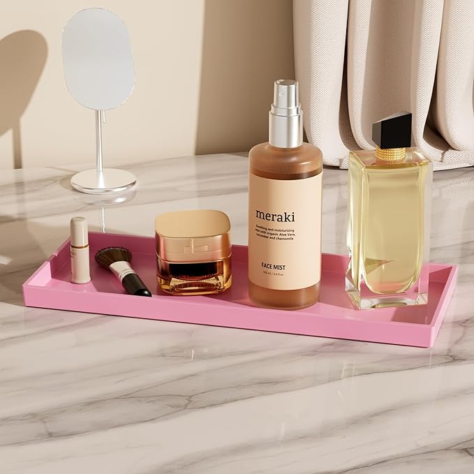 Mriluvy Vanity and Bathroom Tray, 15" ABS Countertop Organizer,Waterproof Vanity Tray for Toilet Tank,Perfume,Soap,Keys,Bathroom Accessories,Kitchen and Bath Trays,Non Slip Small Trays,Pink