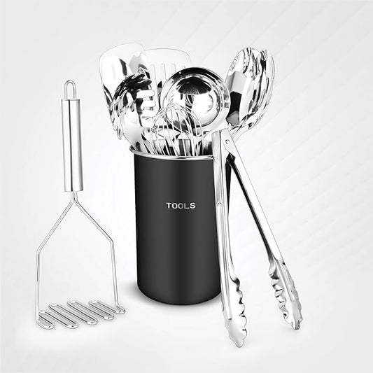 Avador® Premium Set of 10 Stainless Steel (BLACK HOLDER) Kitchen Tool Set with Holder Easy To Clean, Space Saving, Great for Cooking, Baking, Prepping (BLACK)