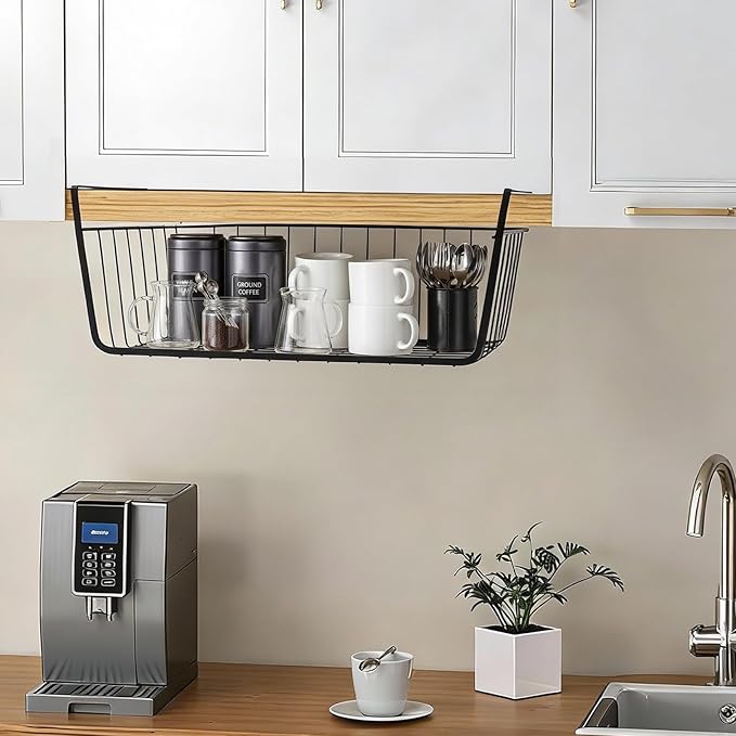 Undershelf Storage Basket Under Shelf Wire Basket Household Metal Under Shelf Hanging Storage Bin Basket Slides Under Shelves for Storage Space Saving for Kitchen Pantry Bookshelf 4 PCS