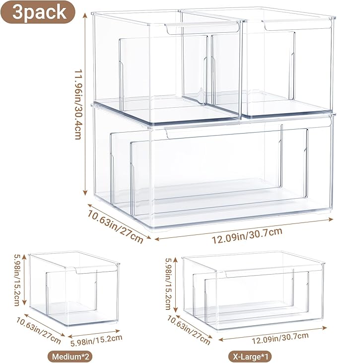 Clear Plastic Storage Bins with Dividers for Kitchen Pantry Organization, 3 Pack Large Thicken Stackable Storage Container Boxes for Refrigerator Cabinets Vanity Organizers and Storage, C6-2