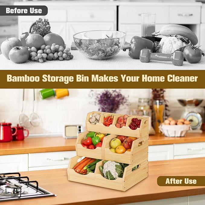 Upgraded 3 Tier Bamboo Pantry Storage Bins - Stackable Potato and Onion Storage Bin, Storage Baskets Airflow Vent Vegetable and Fruit Organizer with Handle, for Kitchen, Livingroom,Bathroom