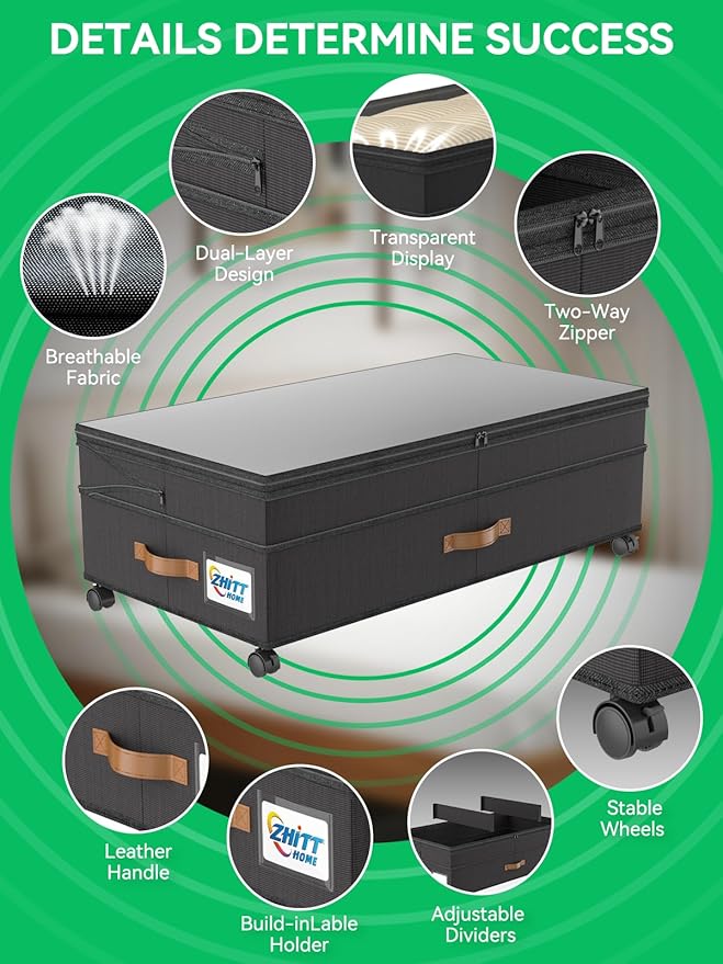 Under Bed Storage with Wheels, 2-Pack Upgraded Scalable Under Bed Storage Containers with Transparent Lids, Underbed Storage Organizer Rolling Bins for Shoes Clothes Sheet - Expandable Max