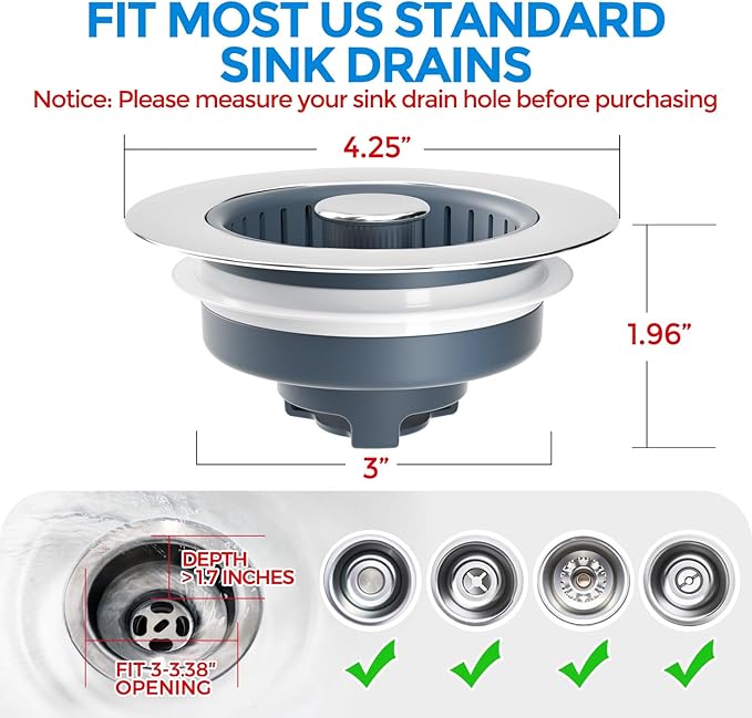zaa 2 Pack Sink Drain Strainer, Sink Stopper, 3 in 1 Stainless Steel Kitchen Sink Drain Strainer with Anti-Clogging Basket, Fit US Standard 3-1/2 Inch Drain Hole