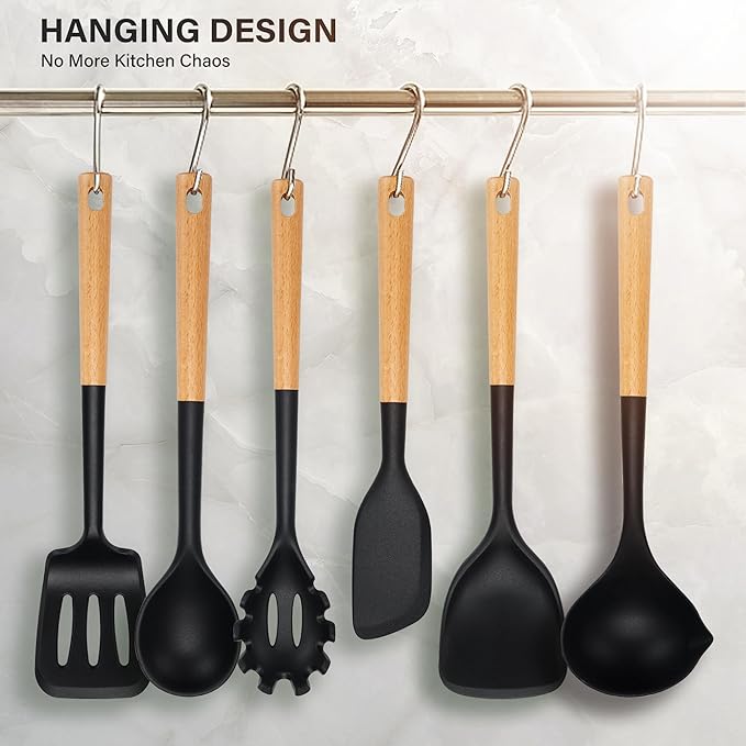 Hvygss Silicone Cooking Utensils Set, Heat Resistance Large Kitchen Utensils Set with Long Wooden Handle, BPA-free Silicone Spatula, 6 Pcs Cooking Spoons for Non Stick Frying Pans and Pots（Black）