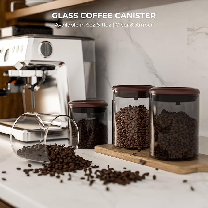 6OZ Amber Glass Coffee Canister with Pop Lid & CO₂ Valve - UV Protection Ground Coffee Containers for Travel & Outdoor - Keep Coffee Fresh
