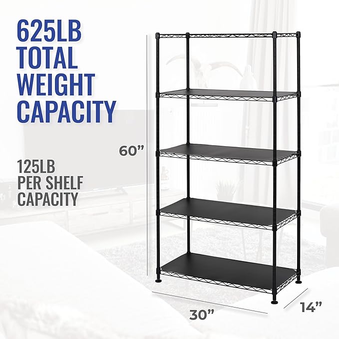 SafeRacks - NSF Certified Storage Shelves, Zinc, Heavy Duty Steel Wire Unit with Adjustable Feet, Garage or Bakers Rack, Kitchen, Pantry Shelf - (14"x30"x60" 5-Tier) (Black)