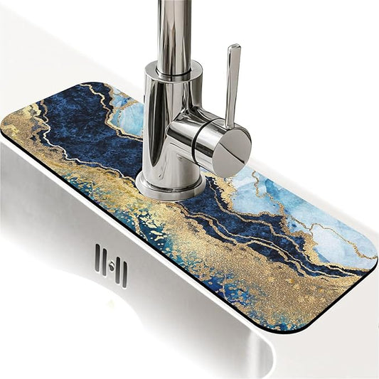 Kitchen Sink Splash Guard，Blue white black and gold marble Faucet Mat Sink Gadgets-Super Absorbent Fast Drying Mat Drip Catcher for Kitchen, Bathroom,Sink Mat, Dish Drying Mat, Bathroom(15" X 5.5" )