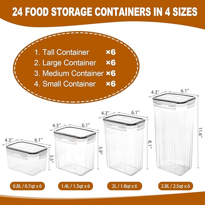 24 PCS Airtight Food Storage Containers with Lids, Kitchen Pantry Organization and Storage Containers, Plastic Canisters for Flour, Sugar, Cereal and Dry Food, BPA Free, 40 Labels & Marker