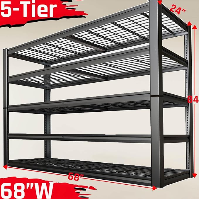 68" Wide Heavy Duty Garage Shelving Units, 5-Tier Deep Storage Shelves, Metal Garage Shelves,Steel Shelf,Large Storage Rack,Industrial Shelving for Shop, 68" W x 24" D x 84" H