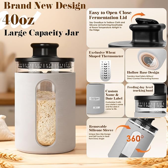 Deluxe Sourdough Starter Kit with Wood Pulp 9" Round & 10" Oval Bannetons & Personalized 34 oz Sourdough Starter Jar Air Flow Lid, Bread Sling Scrapers & Bag Complete Sourdough Bread Baking Supplies