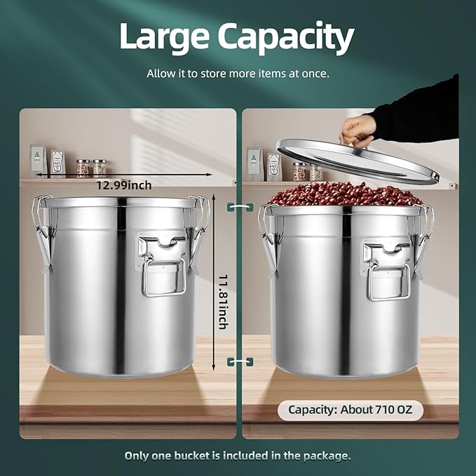 Stainless Steel Airtight Canister for Kitchen, 21L/5.54Gal Metal Food Storage Container Flour Bucket with Lid & Clamps, Bean Rice Cereal Canister Holder for Kitchen Restaurant, D13*H11.8in