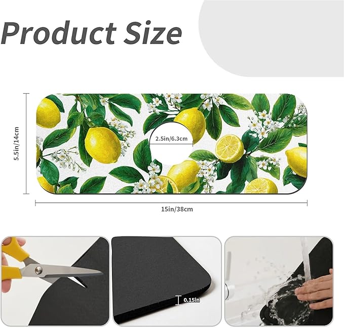 Kitchen Sink Splash Guard，vintage Lemon Tree Faucet Mat Sink Gadgets-Super Absorbent Fast Drying Mat Drip Catcher for Kitchen, Bathroom,Sink Mat, Dish Drying Mat, Bathroom(15" X 5.5" )