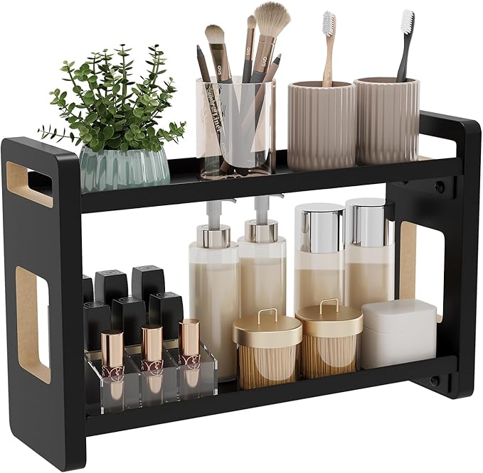 UJQSUN Bathroom Counter Organizer,Bathroom Counter Shelf,Bathroom Organizers,Under Sink Organizer,Cologne Organizer For Men,Cologne Cabinet,Spice Rack Organizer for Cabinet,Gifts(Black 2 Tier)