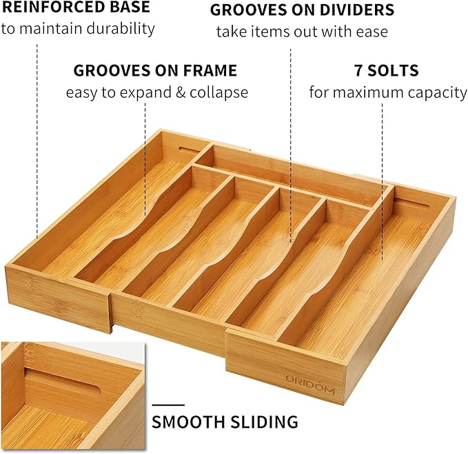 oridom Expandable Bamboo Kitchen Drawer Organizer for Cutlery and Utensils, Adjustable Bamboo Wood Cutlery Tray in Drawer for Flatware and Silverware in Kitchen, (Natural)