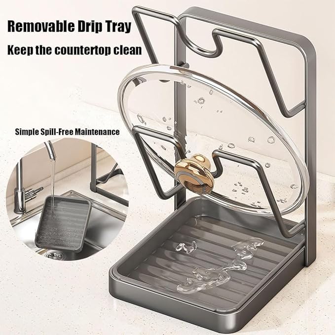 Kitchen Pot Lid Storage Rack, Pot Lid Holder While Cooking, Lid and Spoon Rest, Pot Lids Organizer, Multifunctional Kitchen Organizer Stand for Stove Top (Gray, Single-layer)