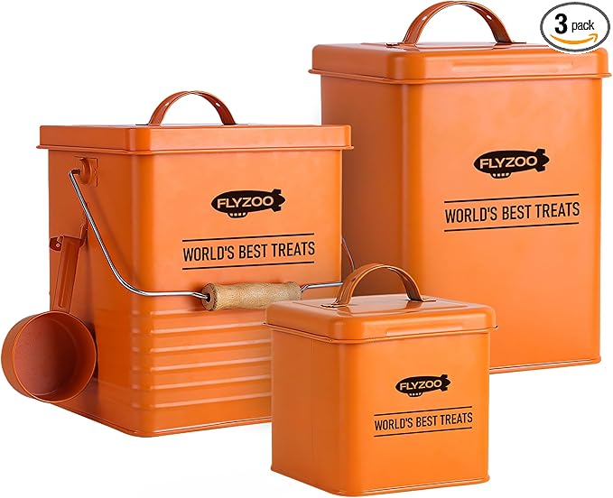 Dog and Cat Food Metal Storage Container Set, Farmhouse Pet Food Storage Containers with Lid and Dry Food Scoop (Orange)